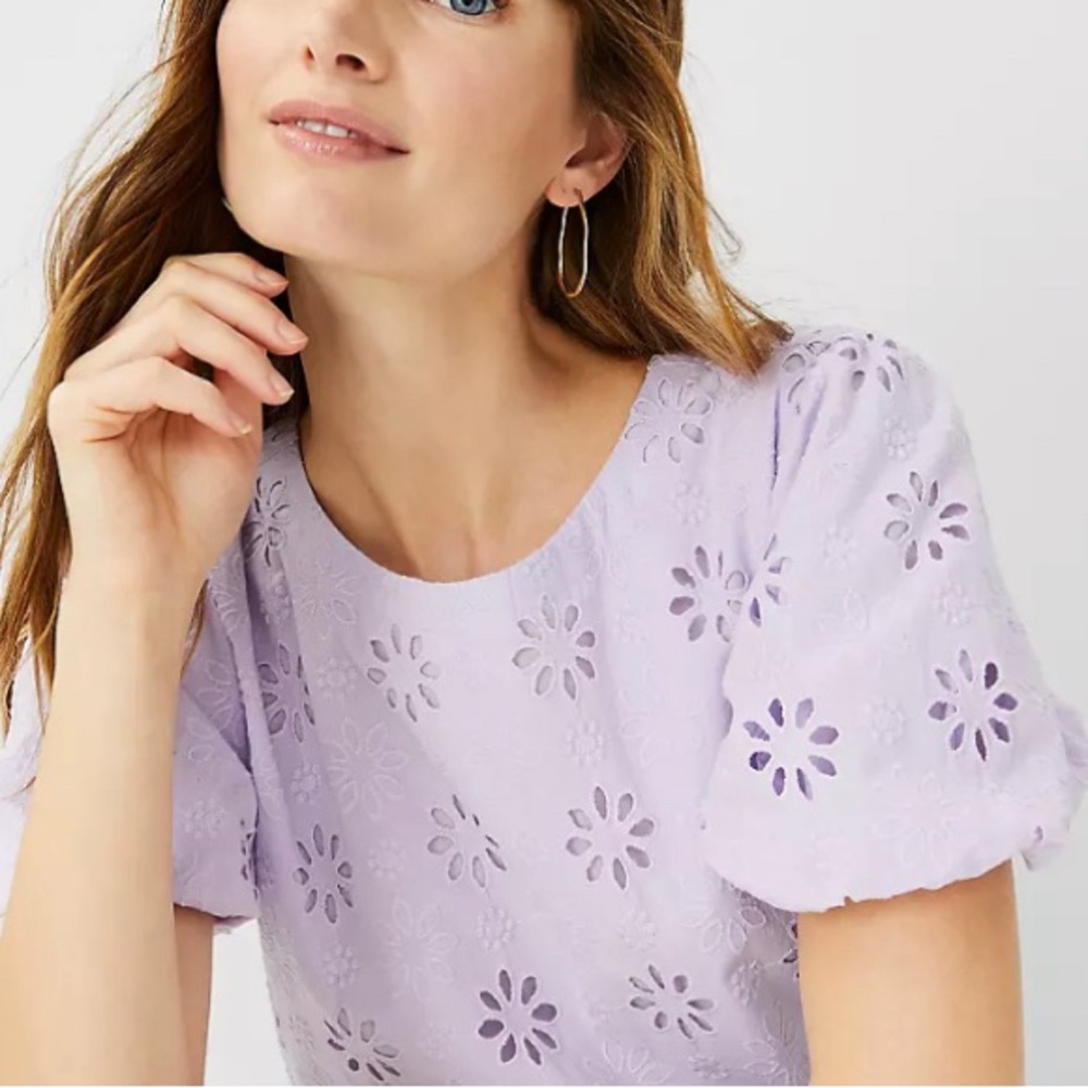 Ann Taylor Eyelet Bubble Sleeve Lavender Embroidered Top Spring Summer Blouse